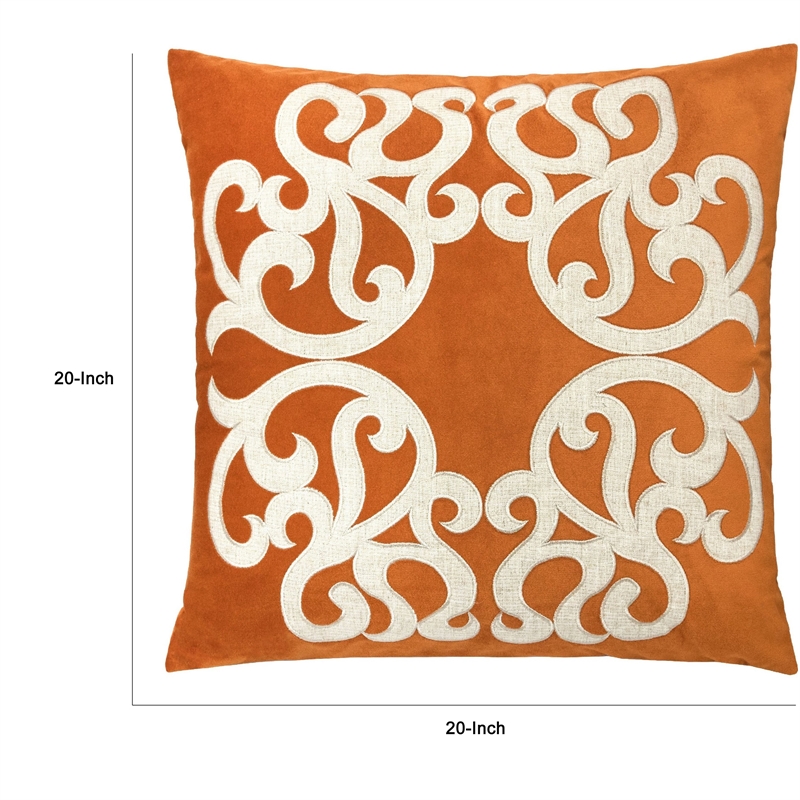Dery Throw Pillow- Vintage Vine Accented Orange Velvet- 20 Inch Square