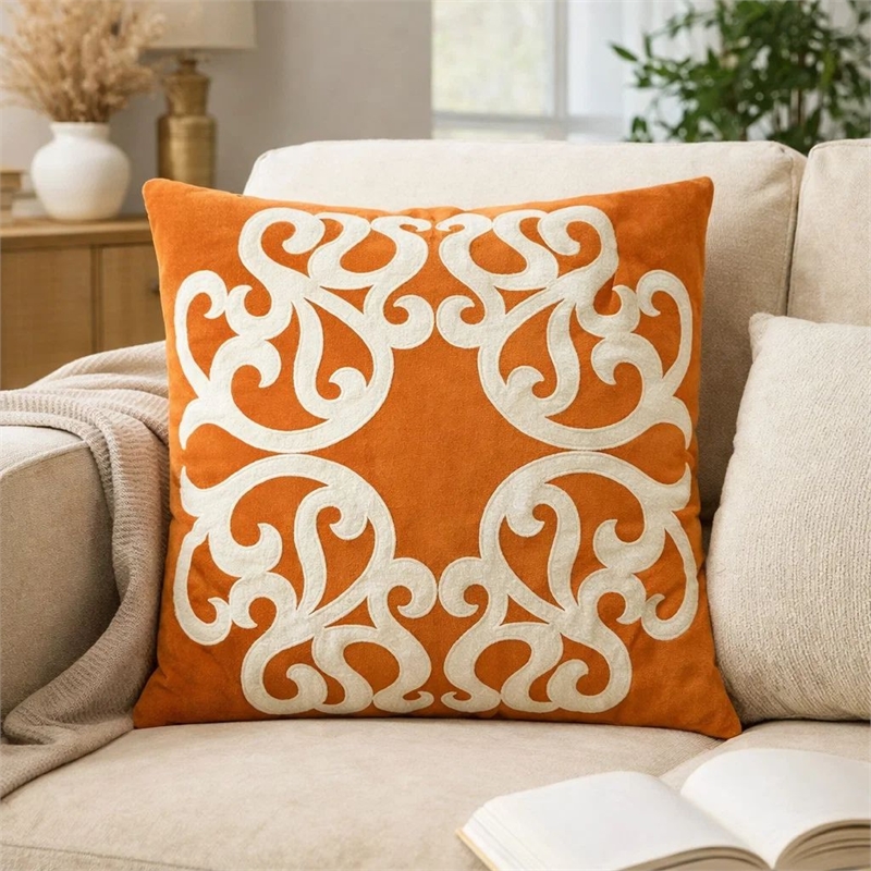 Dery Throw Pillow- Vintage Vine Accented Orange Velvet- 20 Inch Square