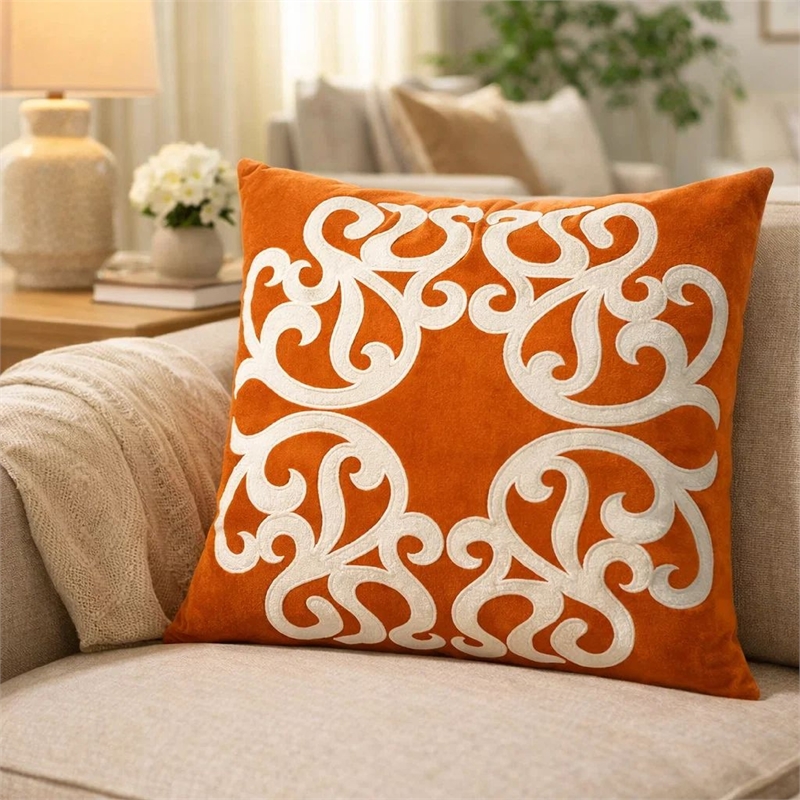 Dery Throw Pillow- Vintage Vine Accented Orange Velvet- 20 Inch Square