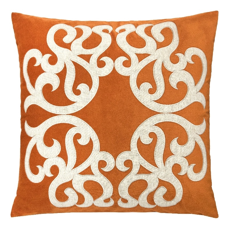 Dery Throw Pillow- Vintage Vine Accented Orange Velvet- 20 Inch Square