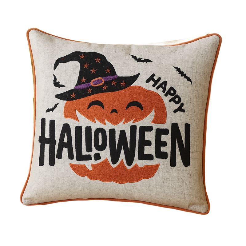 Halloween Pumpkin Witch Embroidered Throw Pillow Cover- Gray 20 Inch Square