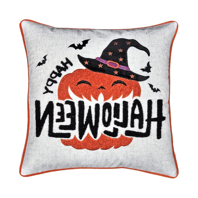 Halloween Pumpkin Witch Embroidered Throw Pillow Cover- Gray 20 Inch Square