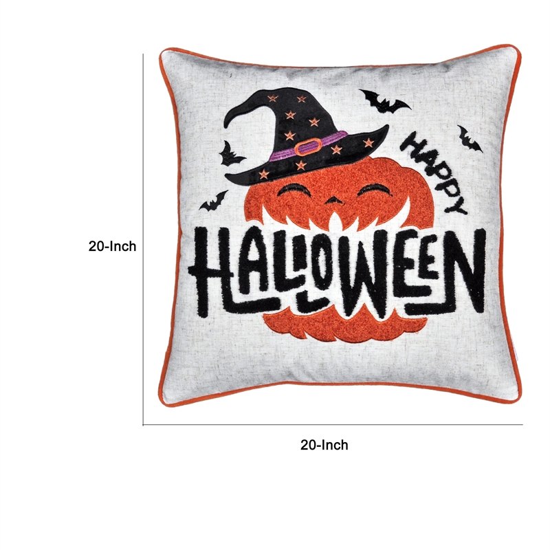 Halloween Pumpkin Witch Embroidered Throw Pillow Cover- Gray 20 Inch Square