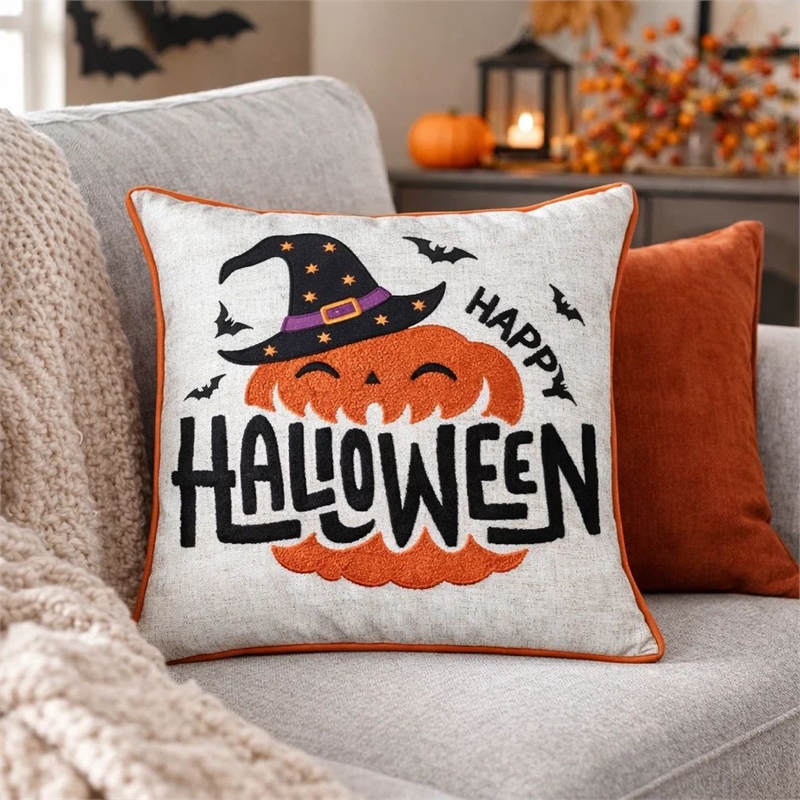 Halloween Pumpkin Witch Embroidered Throw Pillow Cover- Gray 20 Inch Square