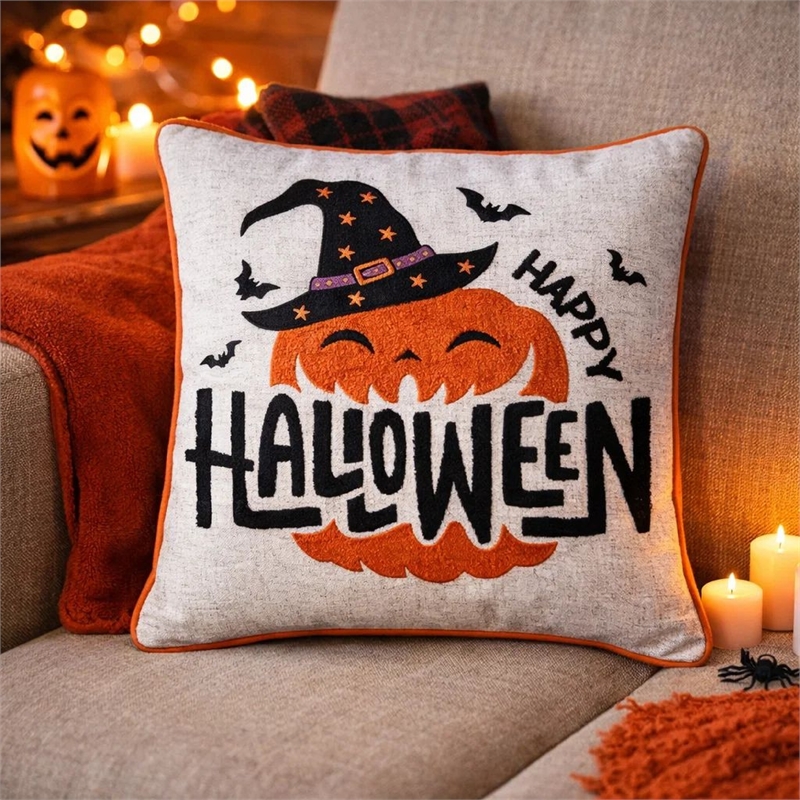 Halloween Pumpkin Witch Embroidered Throw Pillow Cover- Gray 20 Inch Square