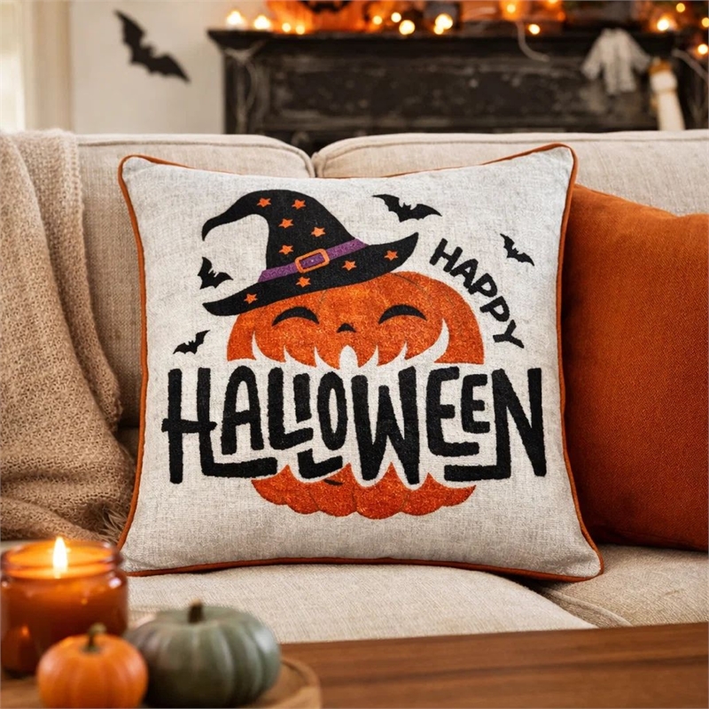 Halloween Pumpkin Witch Embroidered Throw Pillow Cover- Gray 20 Inch Square