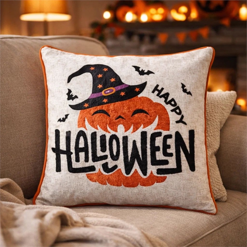 Halloween Pumpkin Witch Embroidered Throw Pillow Cover- Gray 20 Inch Square