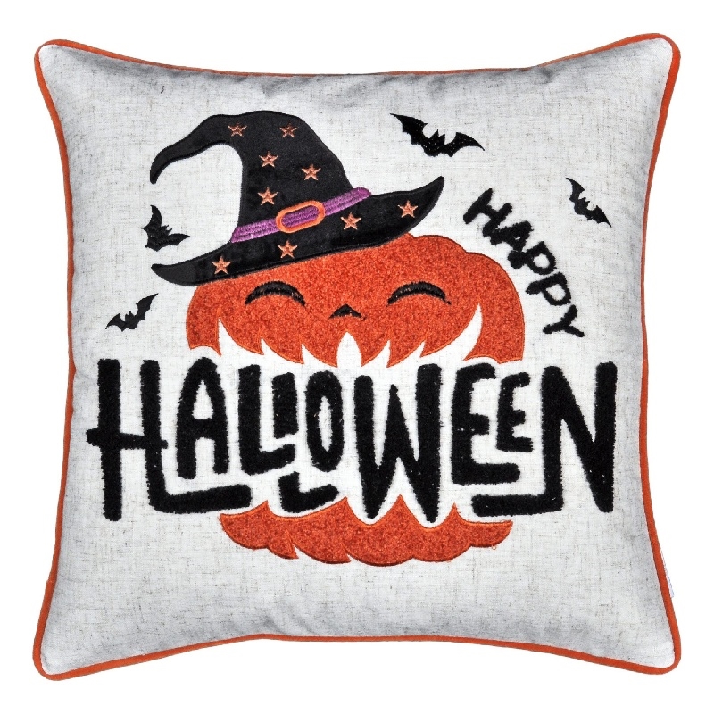 Halloween Pumpkin Witch Embroidered Throw Pillow Cover- Gray 20 Inch Square
