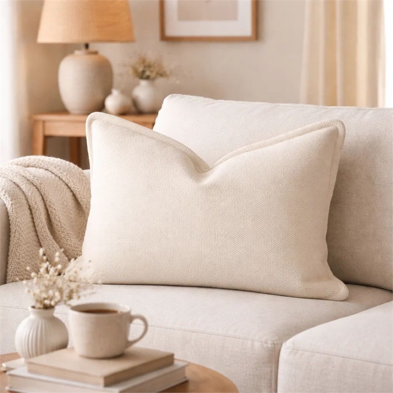 Hez Lumbar Throw Pillow- Flexible Ivory Fabric with Tailored Edges- 16x24
