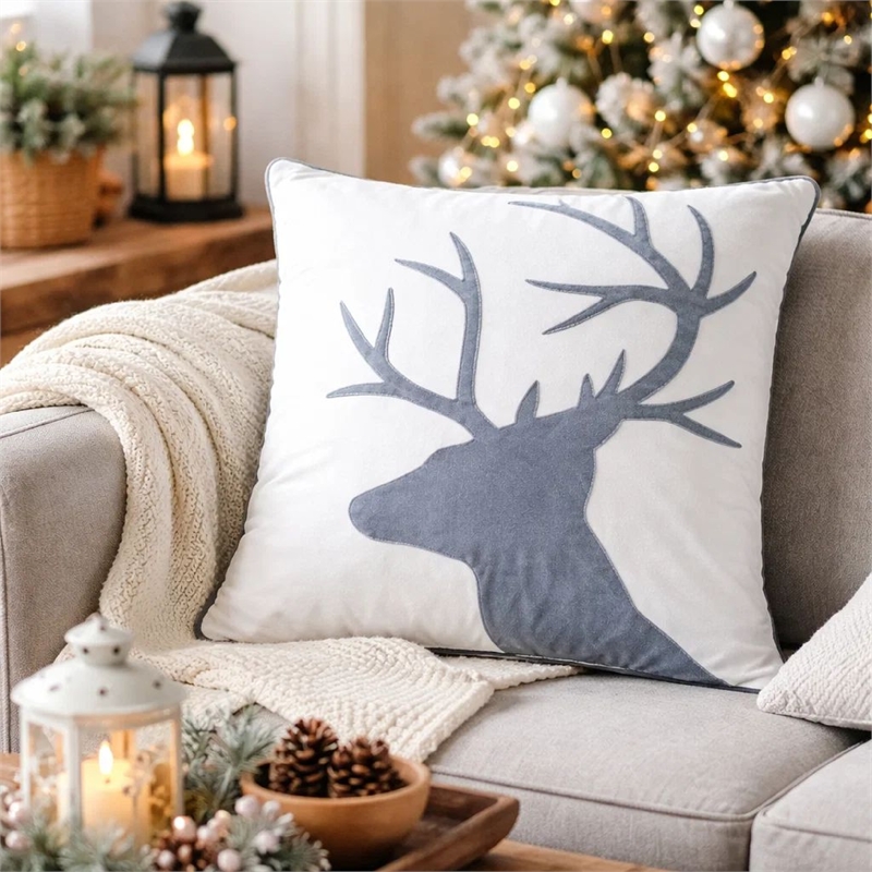 Holiday Accent Pillow Cover- White and Gray Reindeer Velvet- 20 Inch Square