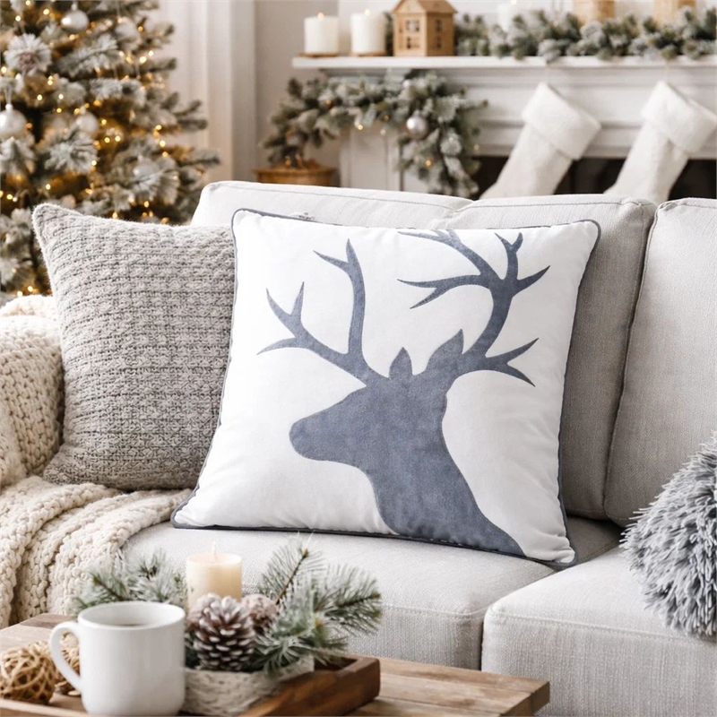 Holiday Accent Pillow Cover- White and Gray Reindeer Velvet- 20 Inch Square