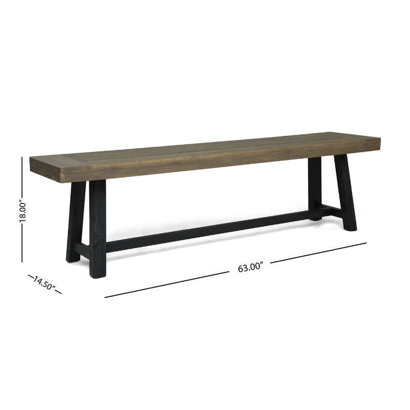 Outdoor Bench- 63 Inch Sandblasted Gray Wood Seat- Black Metal Legs