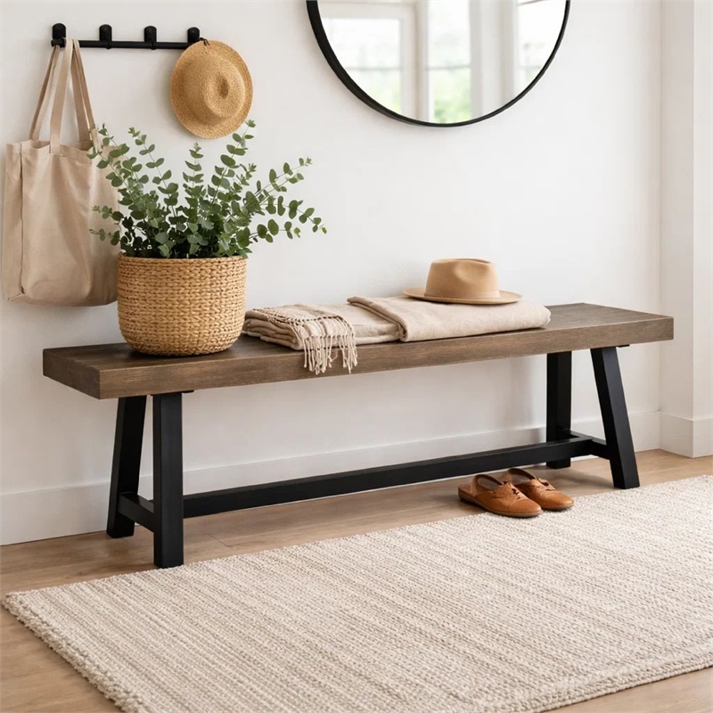 Outdoor Bench- 63 Inch Sandblasted Gray Wood Seat- Black Metal Legs