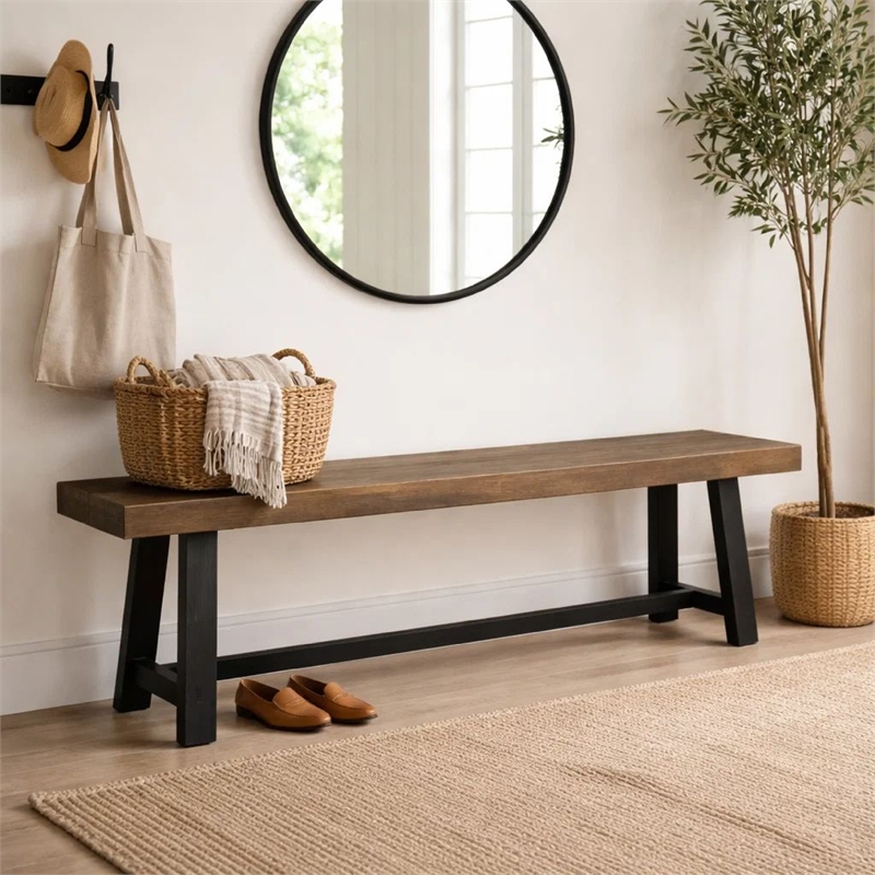 Outdoor Bench- 63 Inch Sandblasted Gray Wood Seat- Black Metal Legs