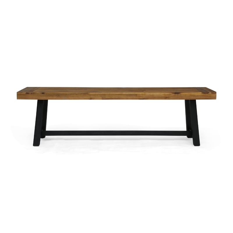 Outdoor Dining Accent Bench- 63 Inch Teak Brown Seat- Black Bold Legs