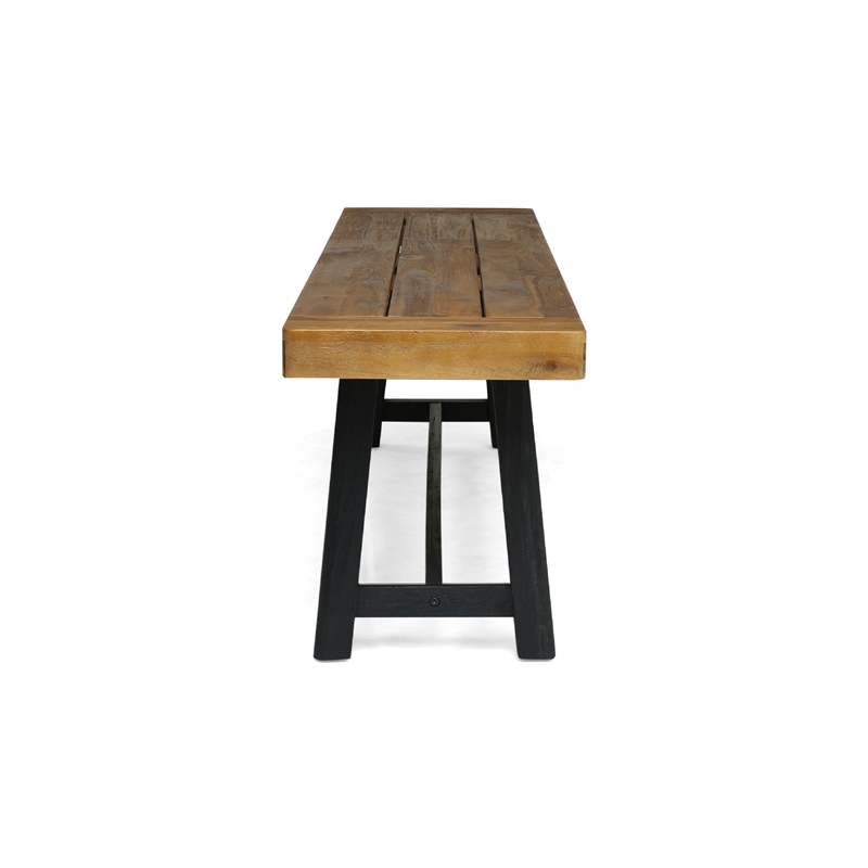 Outdoor Dining Accent Bench- 63 Inch Teak Brown Seat- Black Bold Legs