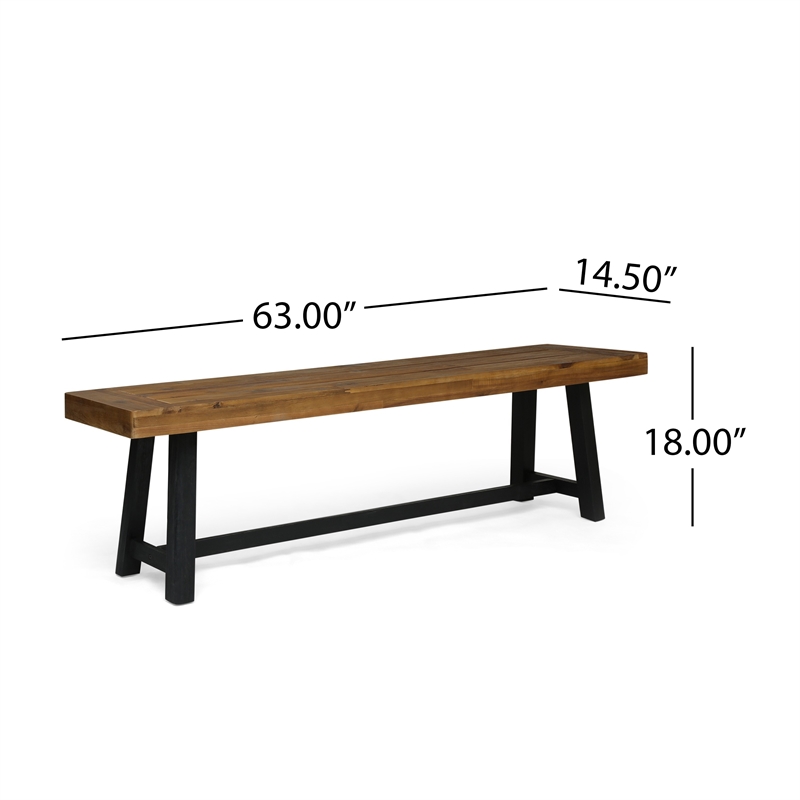 Outdoor Dining Accent Bench- 63 Inch Teak Brown Seat- Black Bold Legs