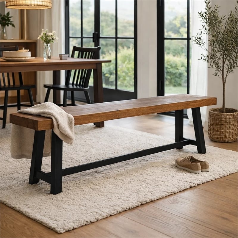 Outdoor Dining Accent Bench- 63 Inch Teak Brown Seat- Black Bold Legs