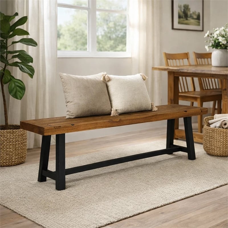 Outdoor Dining Accent Bench- 63 Inch Teak Brown Seat- Black Bold Legs
