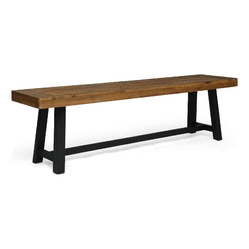 Outdoor Dining Accent Bench- 63 Inch Teak Brown Seat- Black Bold Legs