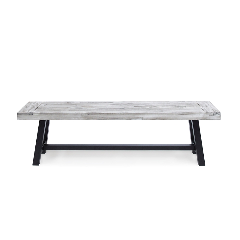 Outdoor Dining Bench- 63 Inch Sandblasted Gray Slatted Seat- Black Legs