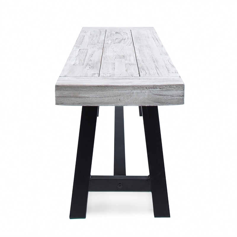 Outdoor Dining Bench- 63 Inch Sandblasted Gray Slatted Seat- Black Legs