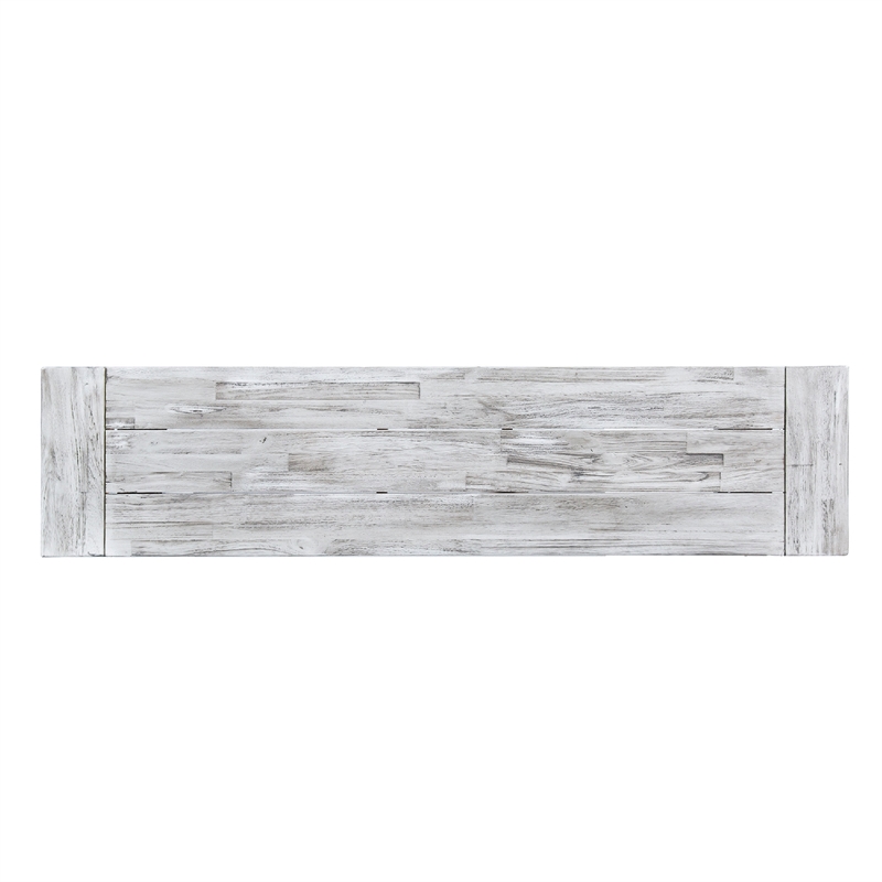 Outdoor Dining Bench- 63 Inch Sandblasted Gray Slatted Seat- Black Legs