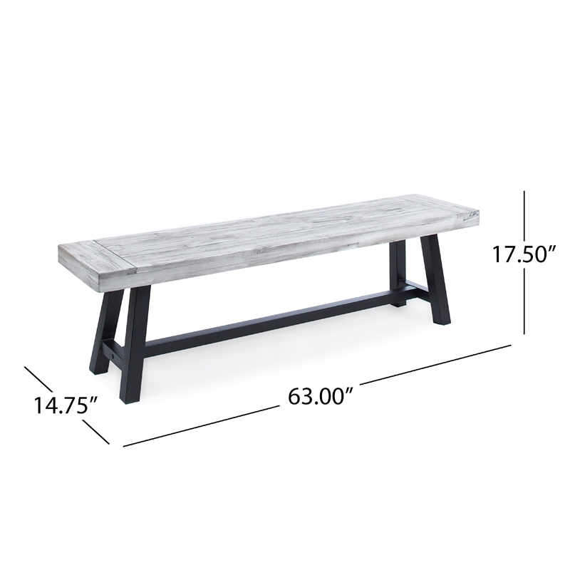 Outdoor Dining Bench- 63 Inch Sandblasted Gray Slatted Seat- Black Legs