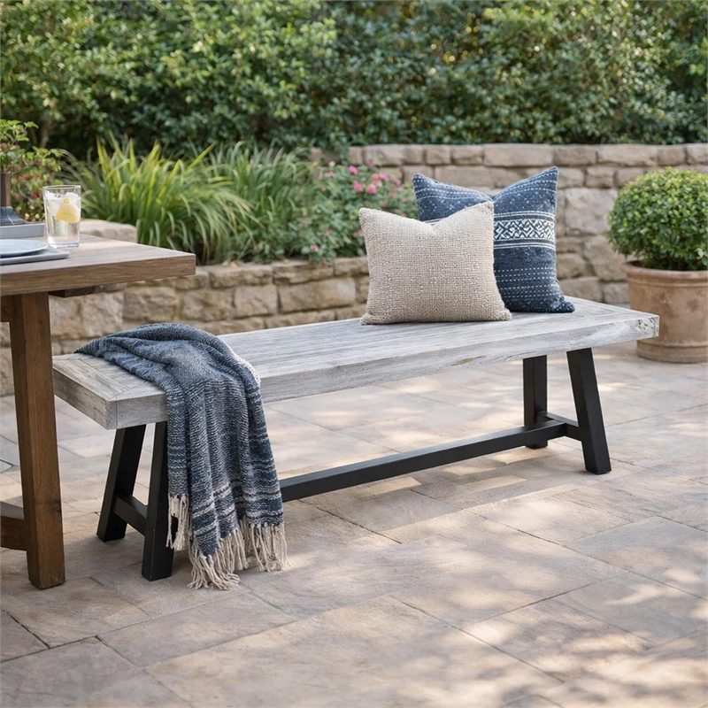Outdoor Dining Bench- 63 Inch Sandblasted Gray Slatted Seat- Black Legs