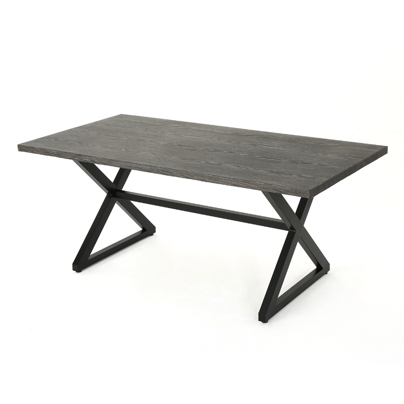 Outdoor Dining Table- 71 Inch Gray Rectangular Top- Black Steel Legs
