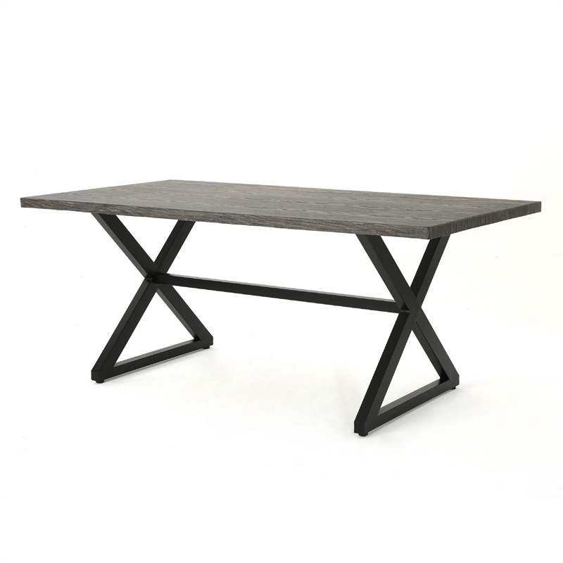Outdoor Dining Table- 71 Inch Gray Rectangular Top- Black Steel Legs