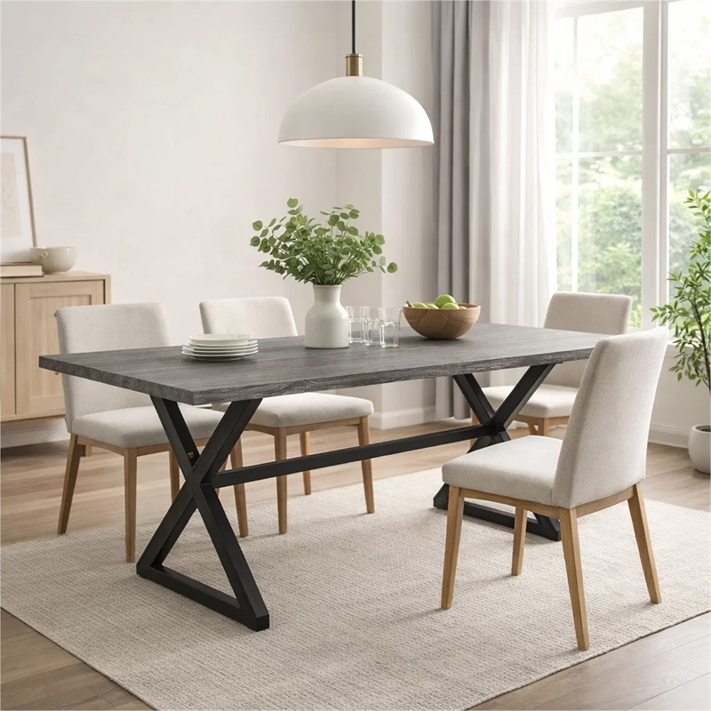 Outdoor Dining Table- 71 Inch Gray Rectangular Top- Black Steel Legs