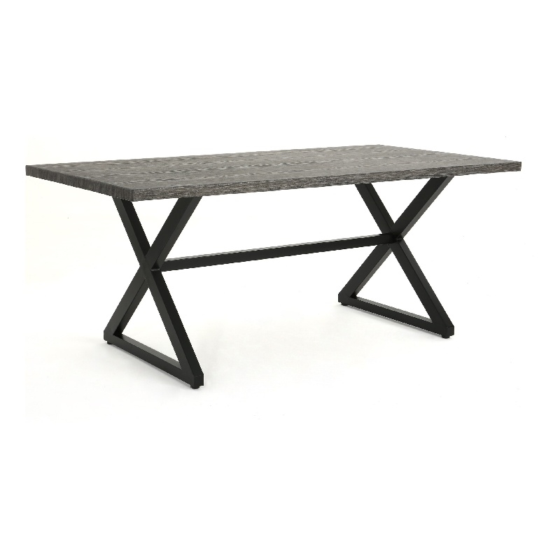 Outdoor Dining Table- 71 Inch Gray Rectangular Top- Black Steel Legs