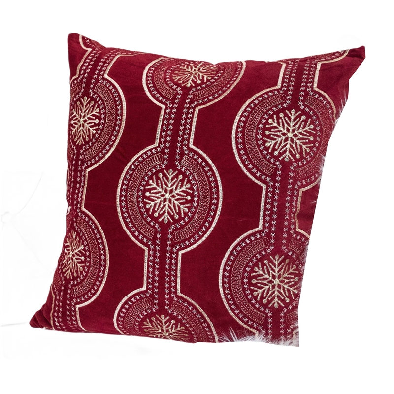 Rola Square Throw Pillow- Geometric Snowflake Embroidery- Red Velvet 20 Inch