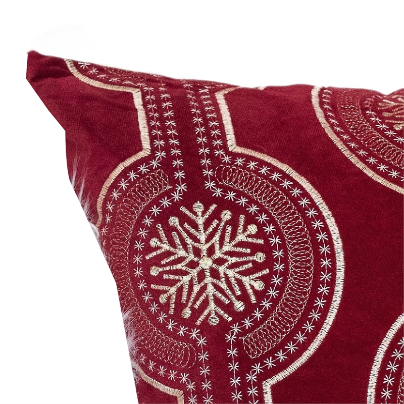 Rola Square Throw Pillow- Geometric Snowflake Embroidery- Red Velvet 20 Inch