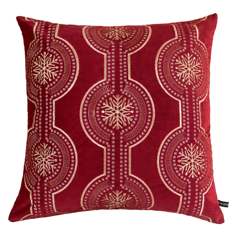 Rola Square Throw Pillow- Geometric Snowflake Embroidery- Red Velvet 20 Inch