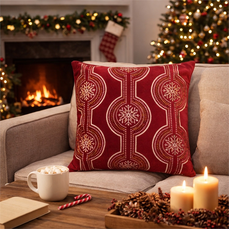 Rola Square Throw Pillow- Geometric Snowflake Embroidery- Red Velvet 20 Inch