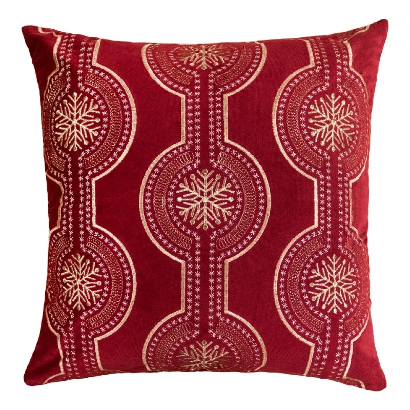 Rola Square Throw Pillow- Geometric Snowflake Embroidery- Red Velvet 20 Inch