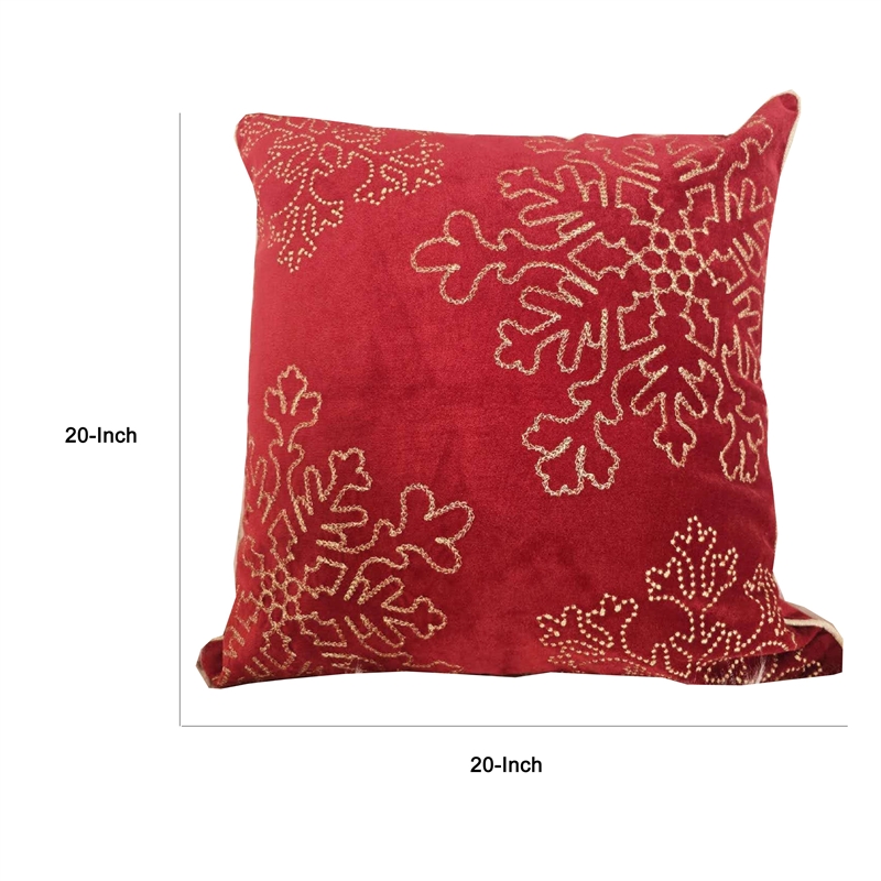 Rola Square Throw Pillow- Gold Snowflake Embroidery- Red Velvet 20 Inch
