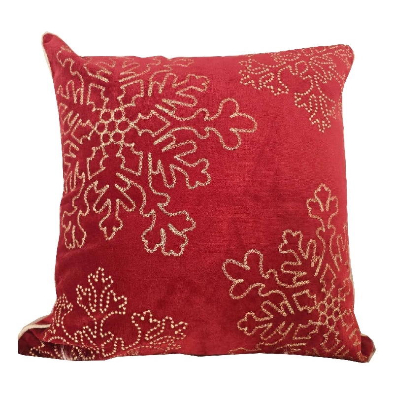 Rola Square Throw Pillow- Gold Snowflake Embroidery- Red Velvet 20 Inch