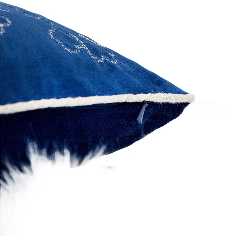 Rola Square Throw Pillow- Silver Snowflake Embroidery- Blue Velvet 20 Inch