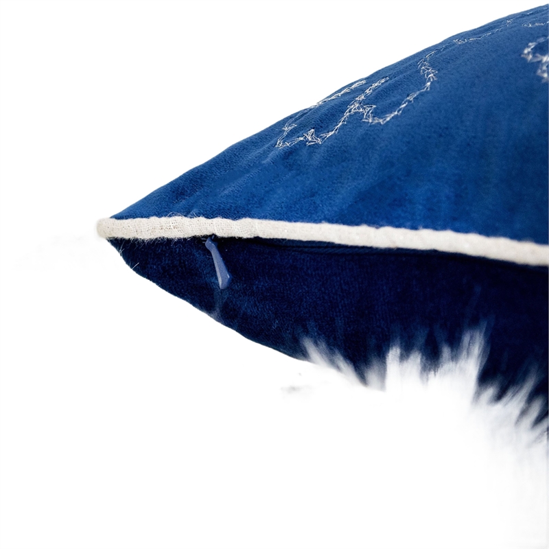 Rola Square Throw Pillow- Silver Snowflake Embroidery- Blue Velvet 20 Inch