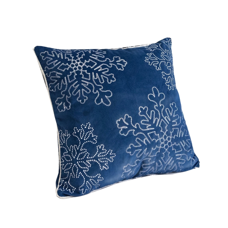 Rola Square Throw Pillow- Silver Snowflake Embroidery- Blue Velvet 20 Inch