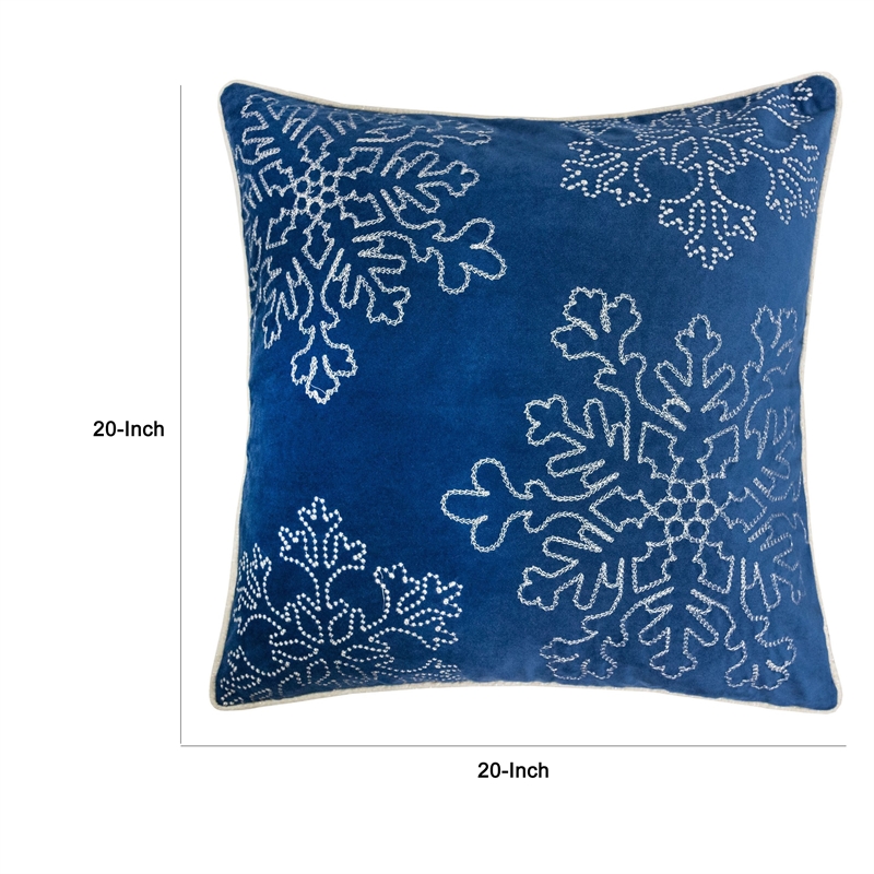 Rola Square Throw Pillow- Silver Snowflake Embroidery- Blue Velvet 20 Inch