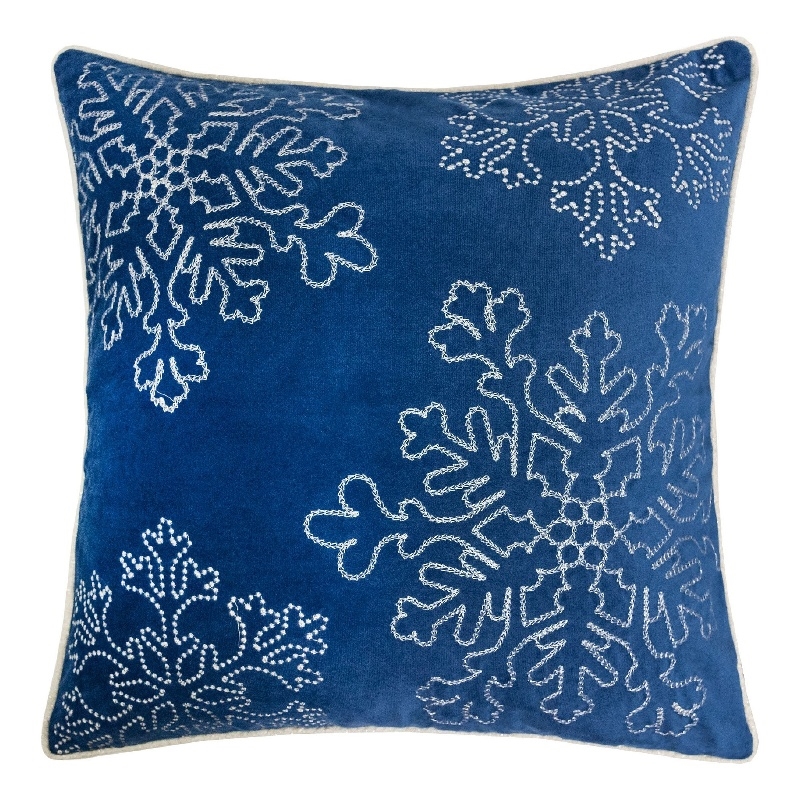 Rola Square Throw Pillow- Silver Snowflake Embroidery- Blue Velvet 20 Inch