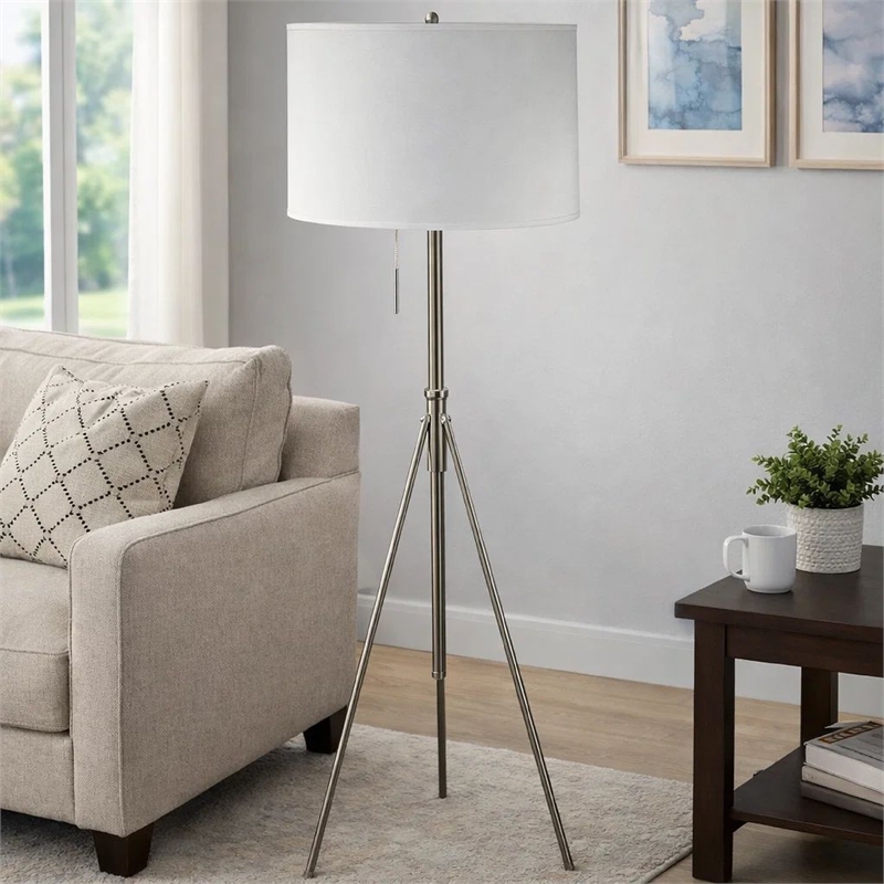 Simi Floor Lamp- Adjustable Tripod- White Linen Shade- Nickel Metal