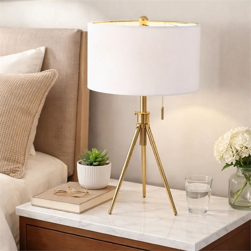 Simi Table Lamp- Adjustable Tripod- White Linen Shade- Gold Metal