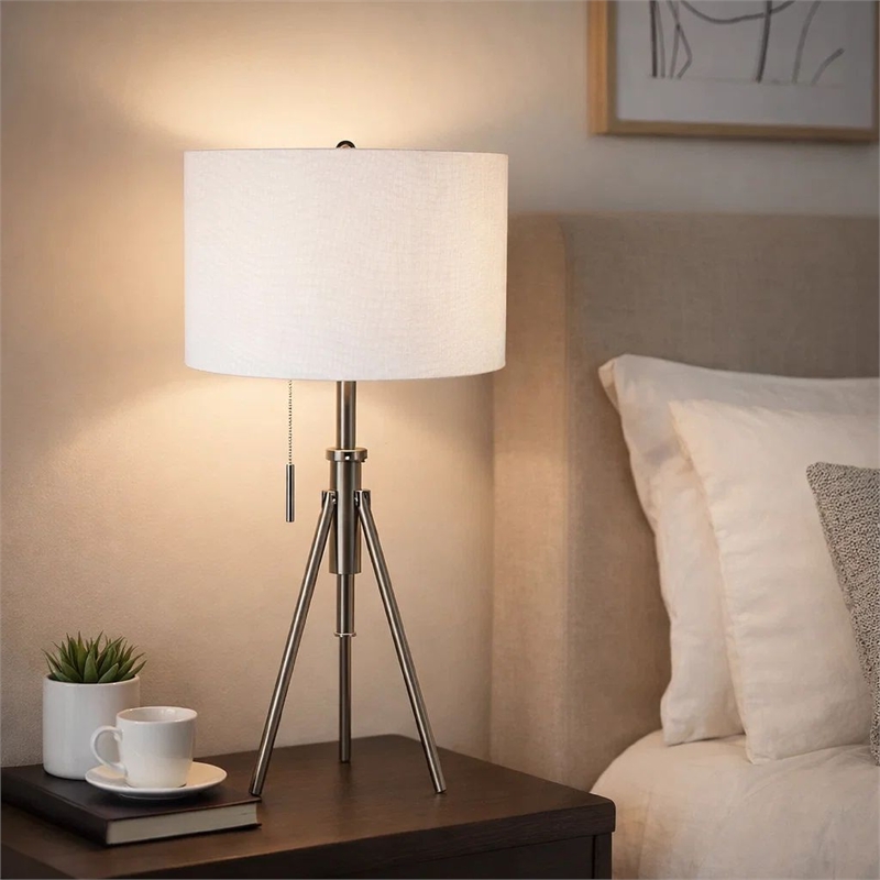 Simi Table Lamp- Adjustable Tripod- White Linen Shade- Nickel Metal