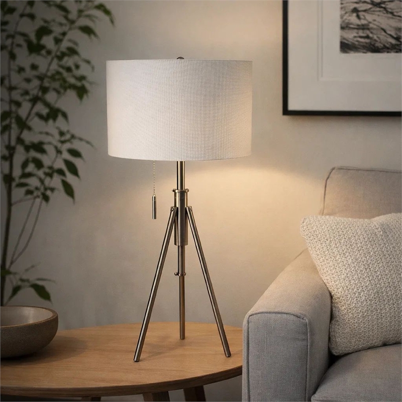 Simi Table Lamp- Adjustable Tripod- White Linen Shade- Nickel Metal