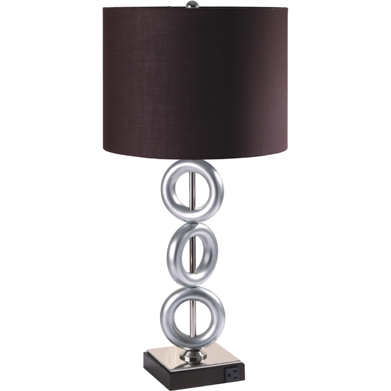 Table Lamp Set of 2- Brown Fabric Shades- 3 Ring Design- Silver Metal